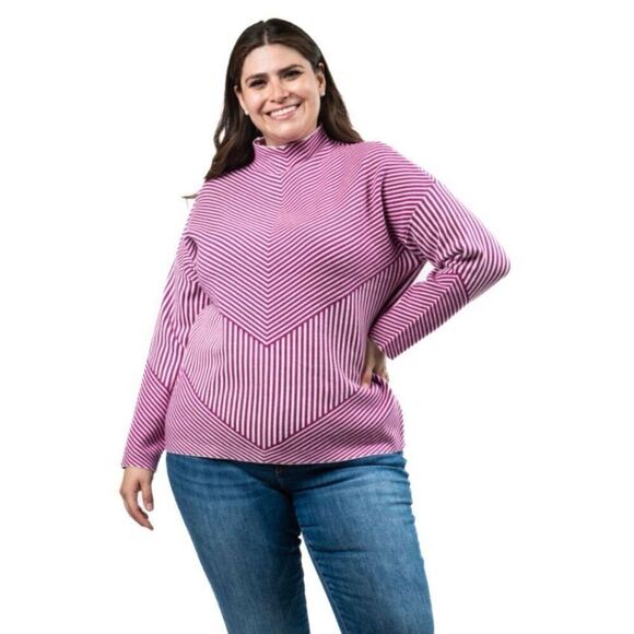 Tahari White Pink White Chevron Striped Sweater 2X NWT Mock Neck Relaxed Fit - Picture 13 of 13